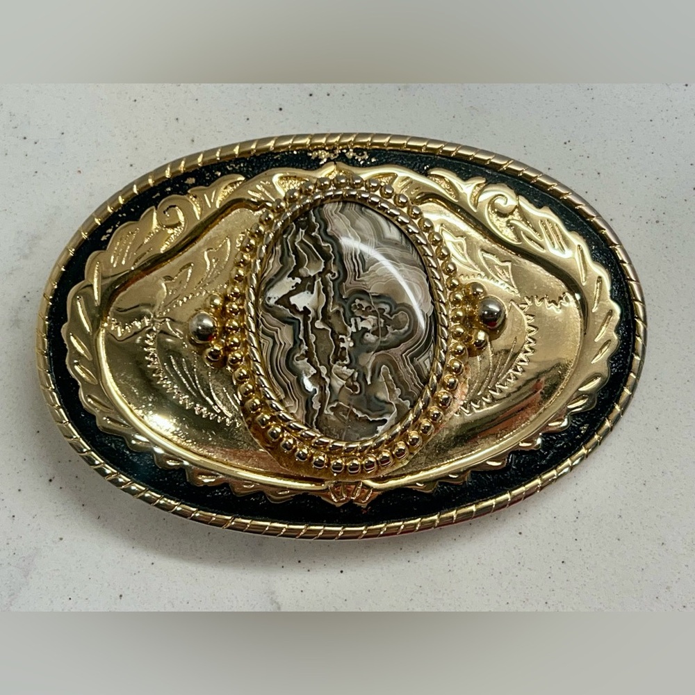 Classic Western Gold Belt Buckle with Oval Jasper Stone Mount Vintage
